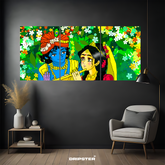 Dripster Radha Krishna wall art poster featuring colorful three-panel depiction of Radha and Krishna in a floral background